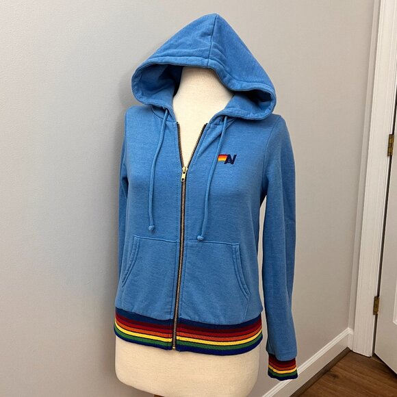 EUC Aviator Nation Rainbow Rib Zip Hoodie Light Blue Sz XS - Picture 1 of 12